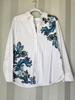 Chico's White Shirt with Teal & Navy Floral Motif